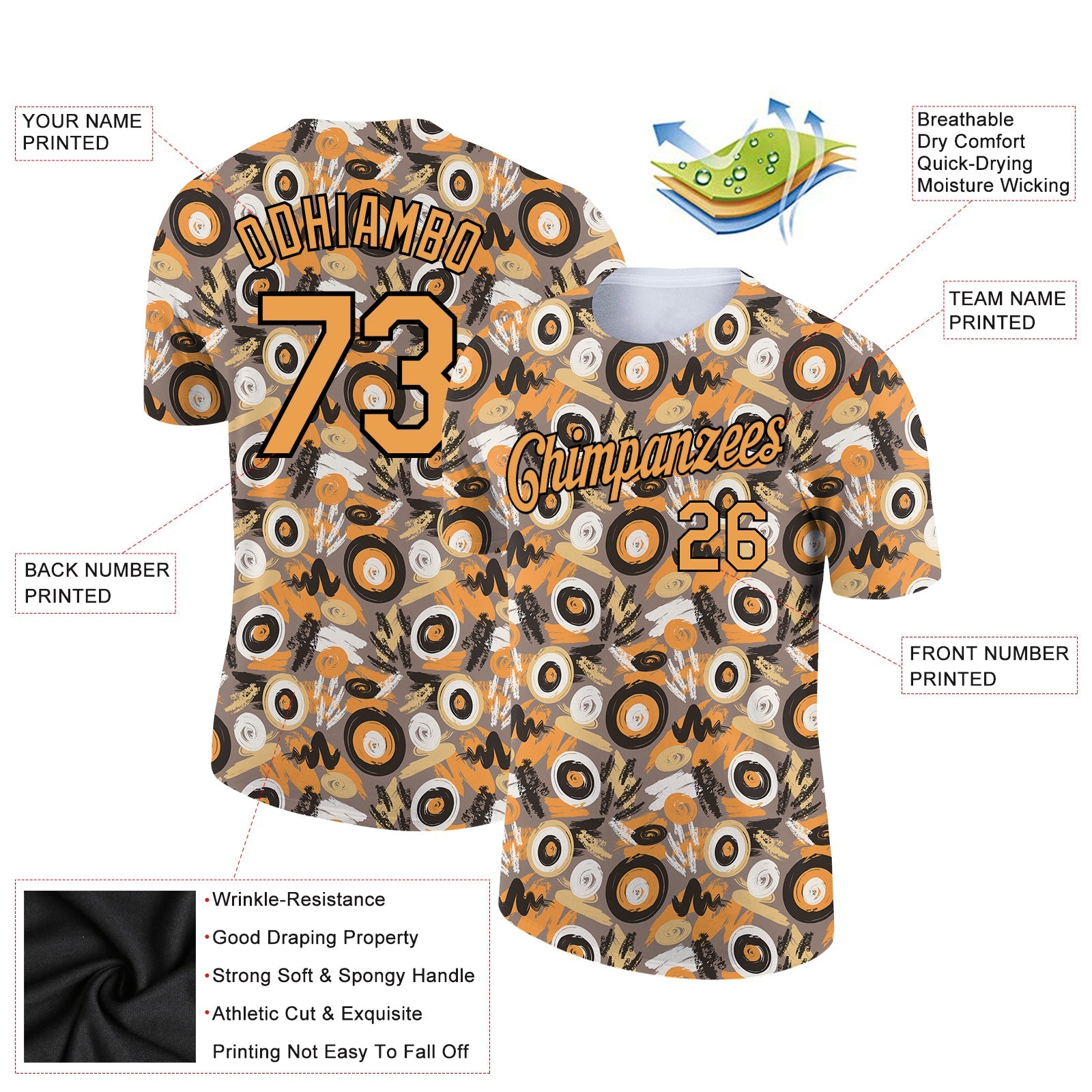 Custom Gray Old Gold-Black 3D Pattern Design Abstract Graffiti Performance T-Shirt view 2