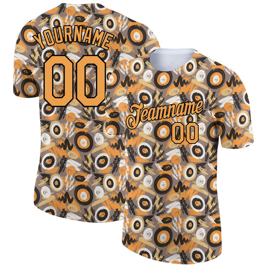 Custom Gray Old Gold-Black 3D Pattern Design Abstract Graffiti Performance T-Shirt - Main View