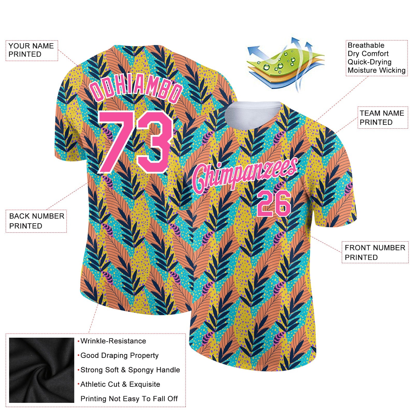 Custom White Pink 3D Pattern Design Tropical Palm Leaf Performance T-Shirt view 2