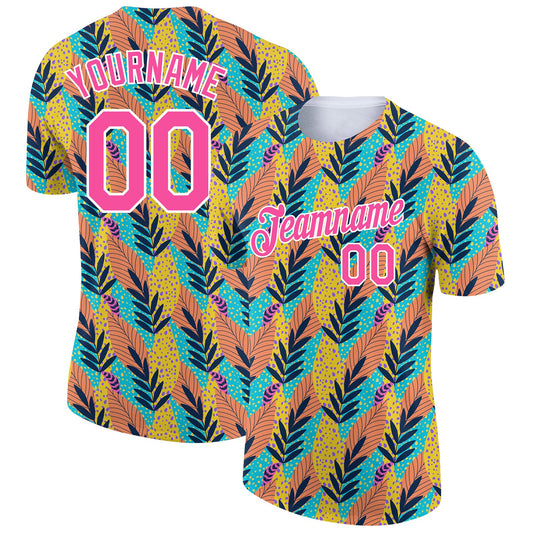 Custom White Pink 3D Pattern Design Tropical Palm Leaf Performance T-Shirt - Main View
