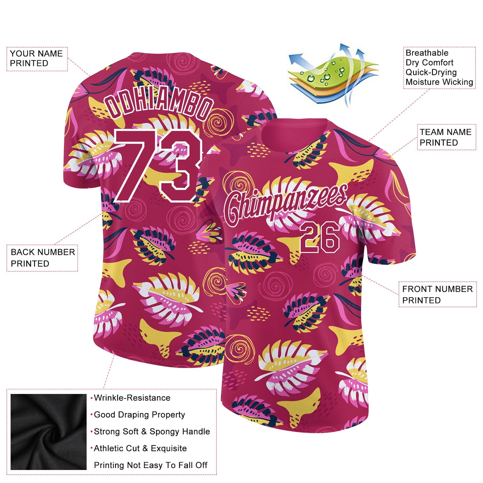 Custom Deep Pink White 3D Pattern Design Tropical Palm Leaf Performance T-Shirt view 2