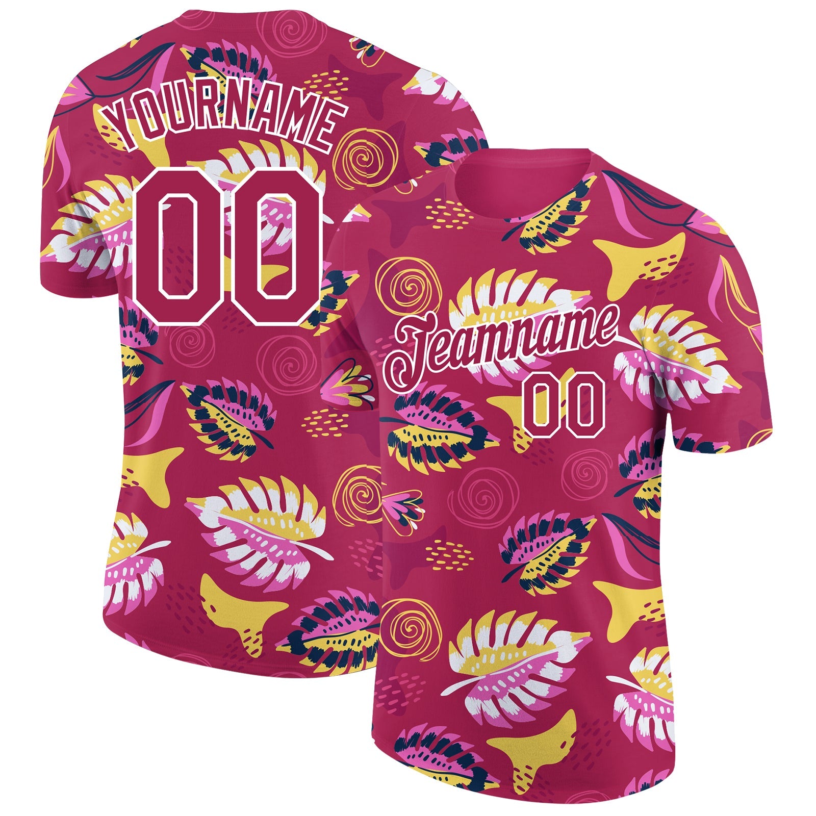 Custom Deep Pink White 3D Pattern Design Tropical Palm Leaf Performance T-Shirt - Main View
