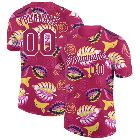 Custom Deep Pink White 3D Pattern Design Tropical Palm Leaf Performance T-Shirt - Main View