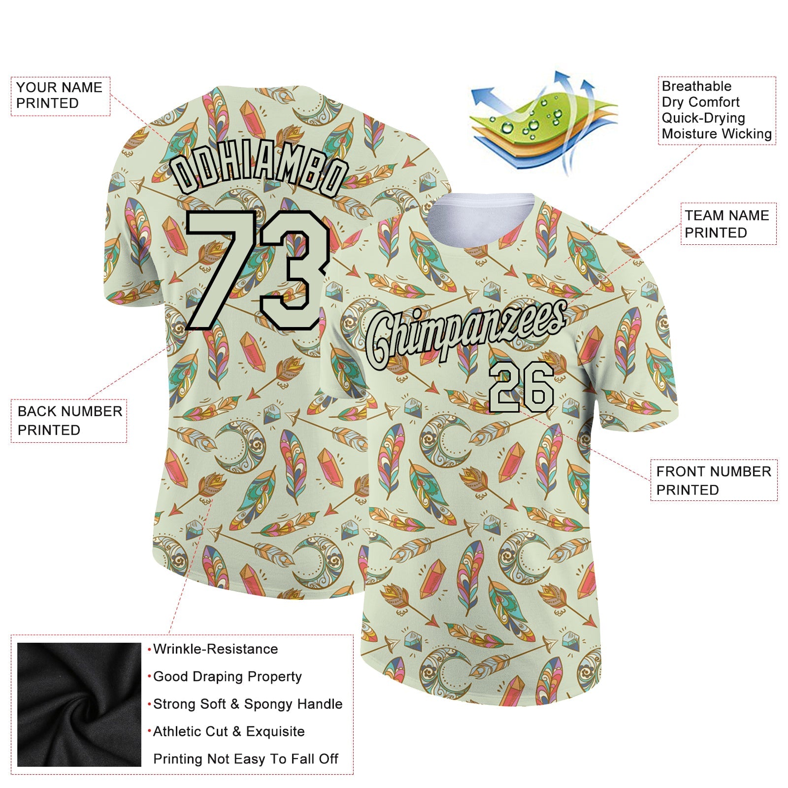 Custom Pea Green Black 3D Pattern Design Boho Style Performance T-Shirt view 2