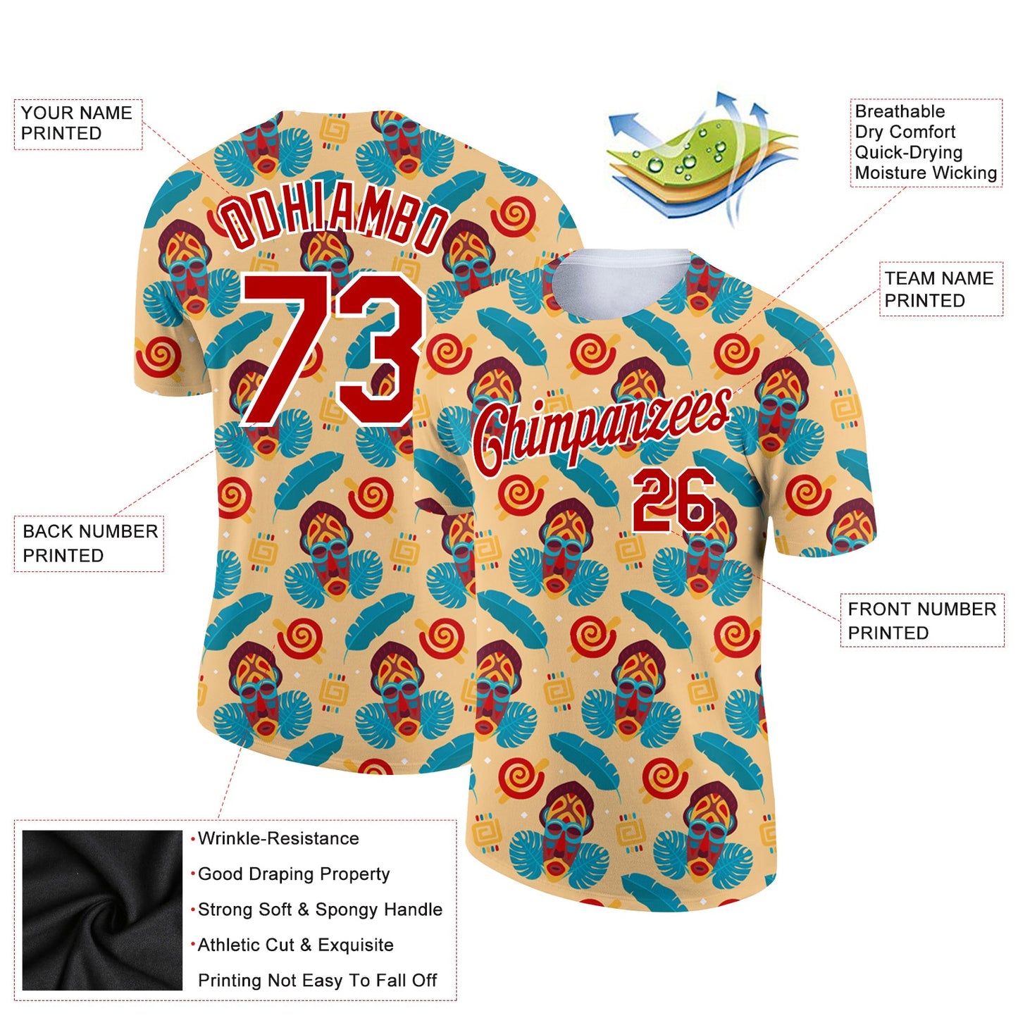 Custom Yellow Red-White 3D Pattern Design Tropical Palm Leaf Performance T-Shirt view 2