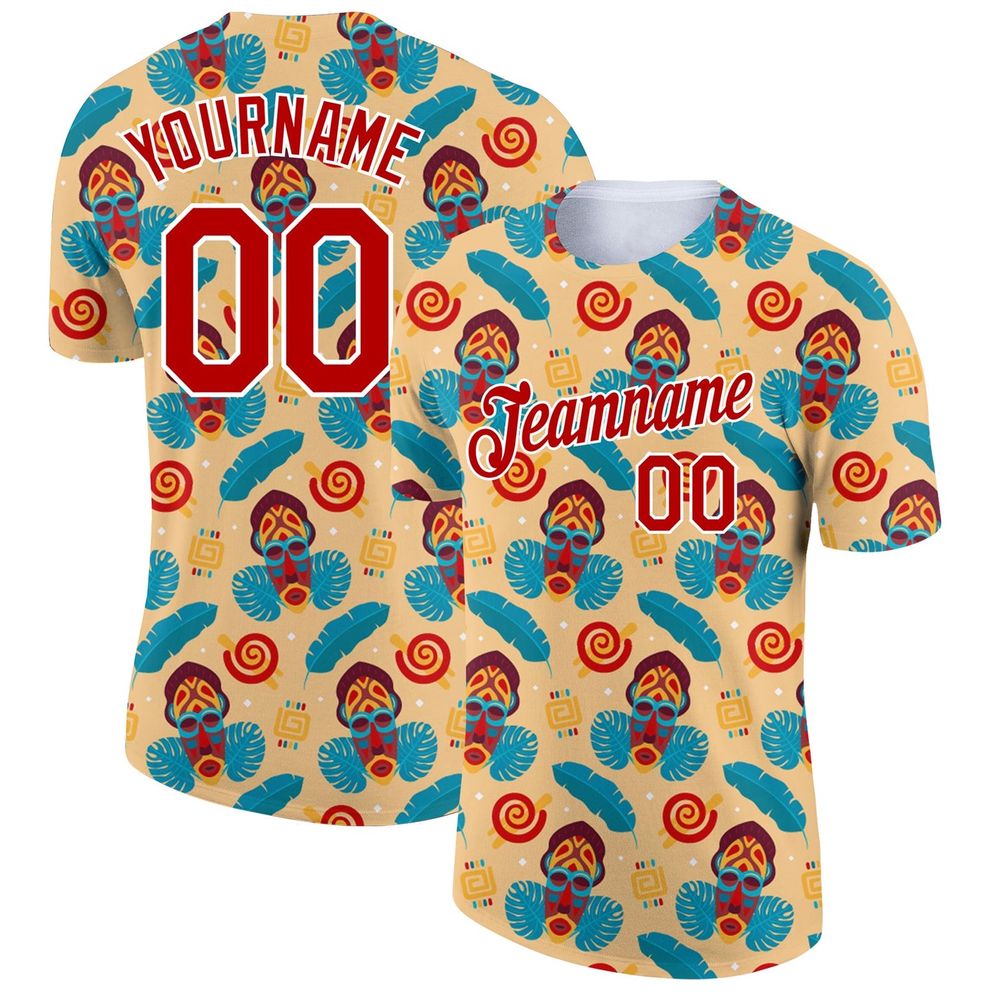 Custom Yellow Red-White 3D Pattern Design Tropical Palm Leaf Performance T-Shirt - Main View