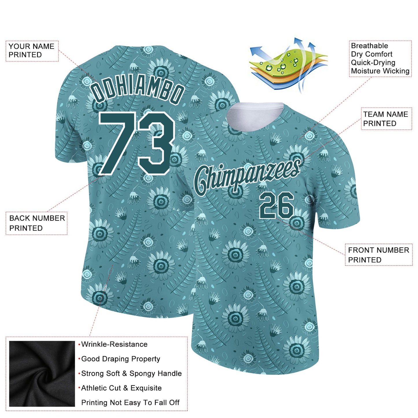 Custom Teal White 3D Pattern Design Tropical Palm Leaf And Flower Performance T-Shirt view 2