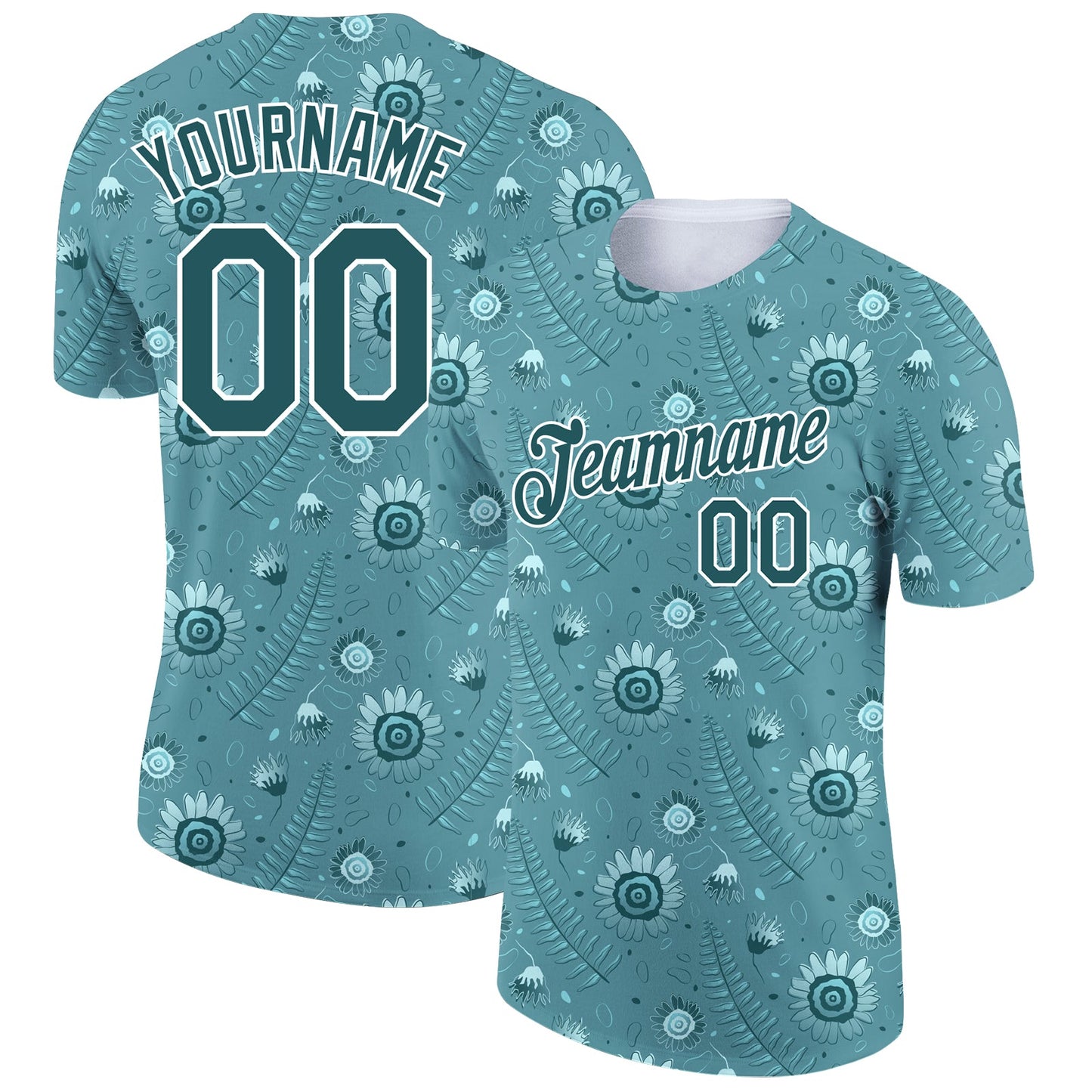 Custom Teal White 3D Pattern Design Tropical Palm Leaf And Flower Performance T-Shirt - Main View