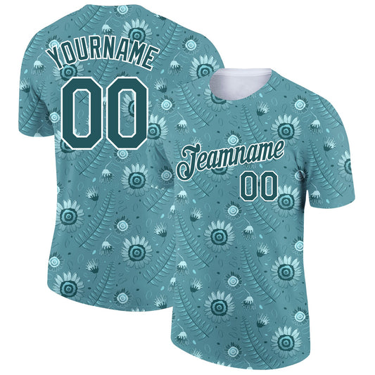 Custom Teal White 3D Pattern Design Tropical Palm Leaf And Flower Performance T-Shirt - Main View