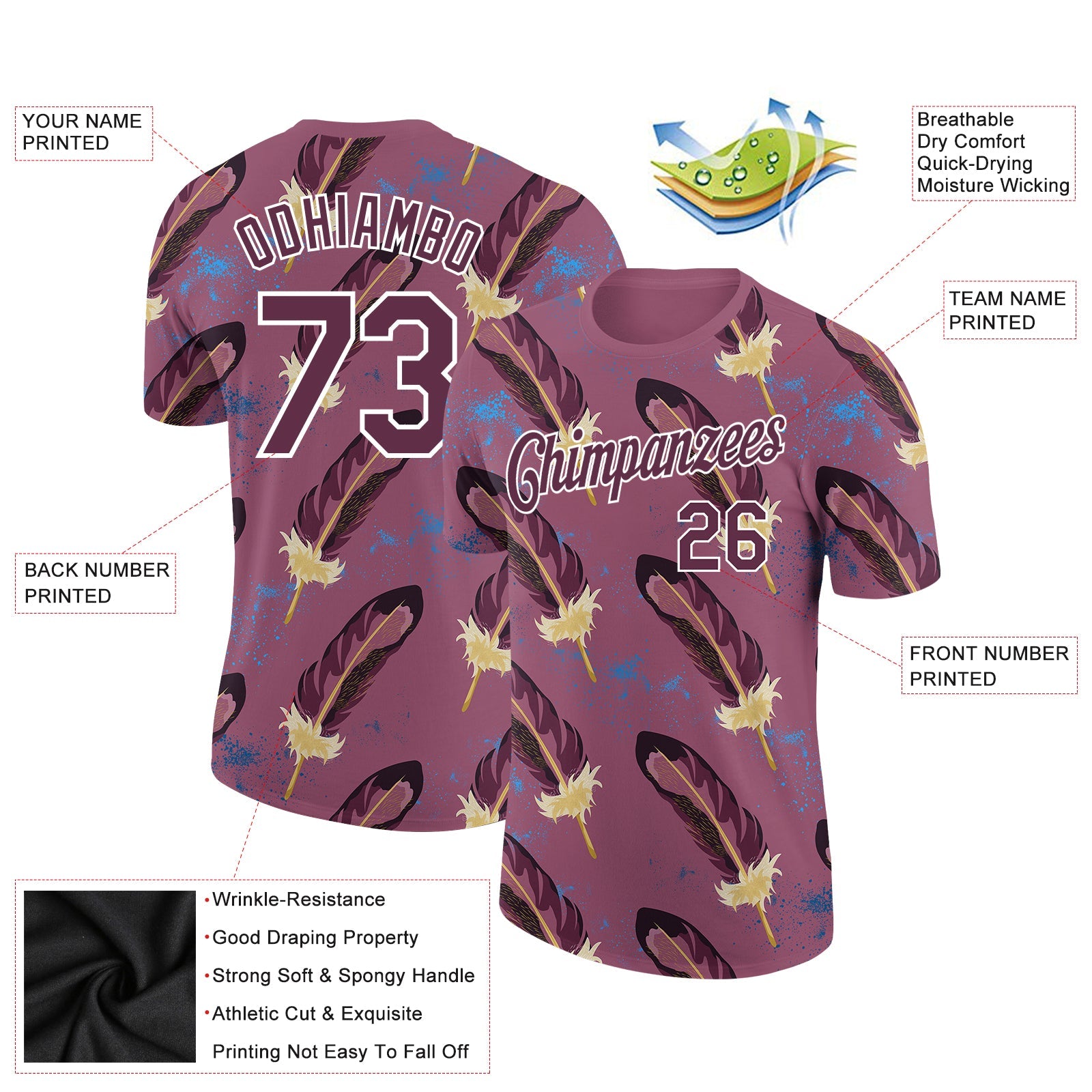Custom Burgundy White 3D Pattern Design Feather Performance T-Shirt view 2