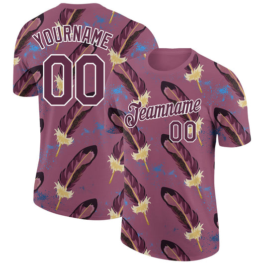 Custom Burgundy White 3D Pattern Design Feather Performance T-Shirt - Main View