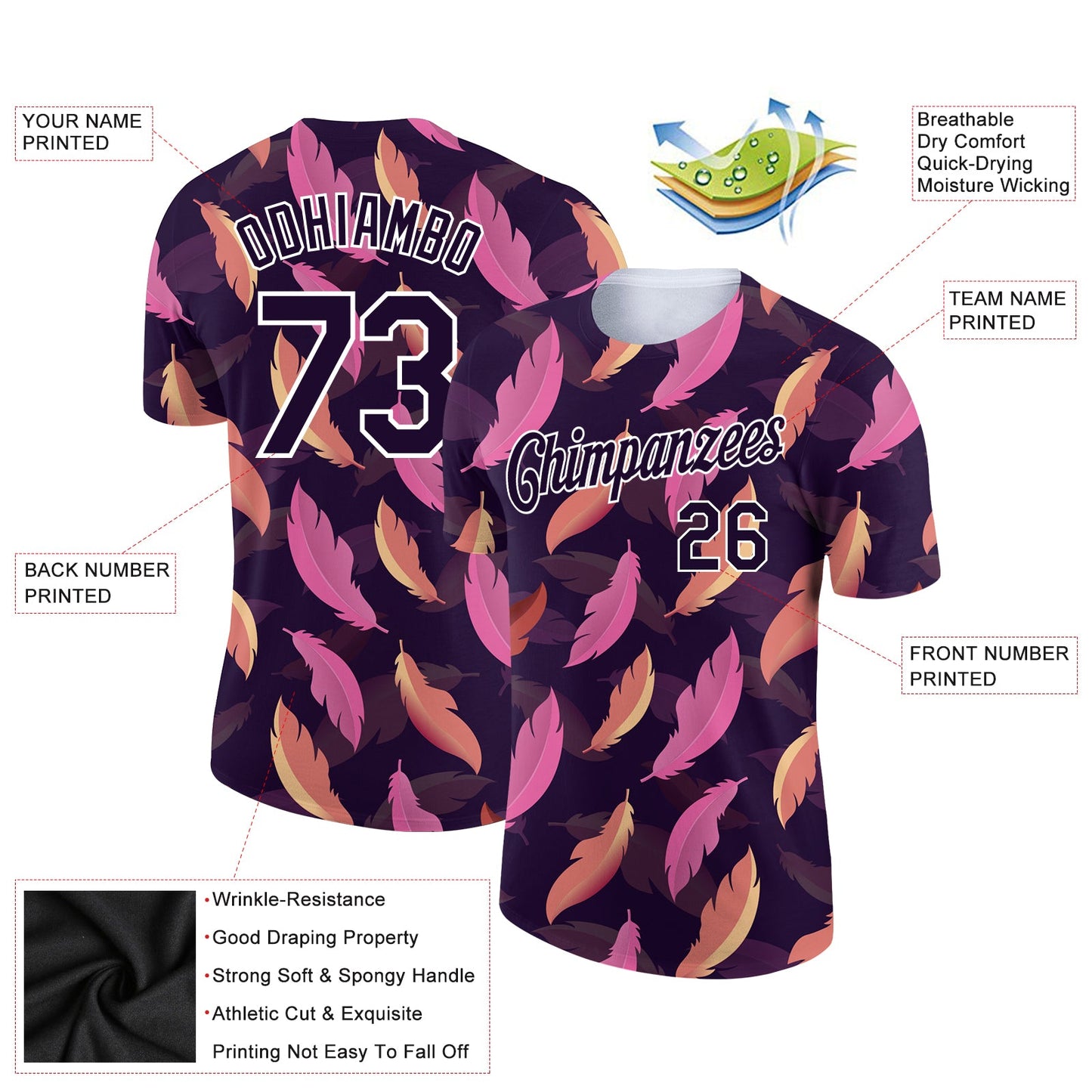 Custom Navy White 3D Pattern Design Feather Performance T-Shirt view 2