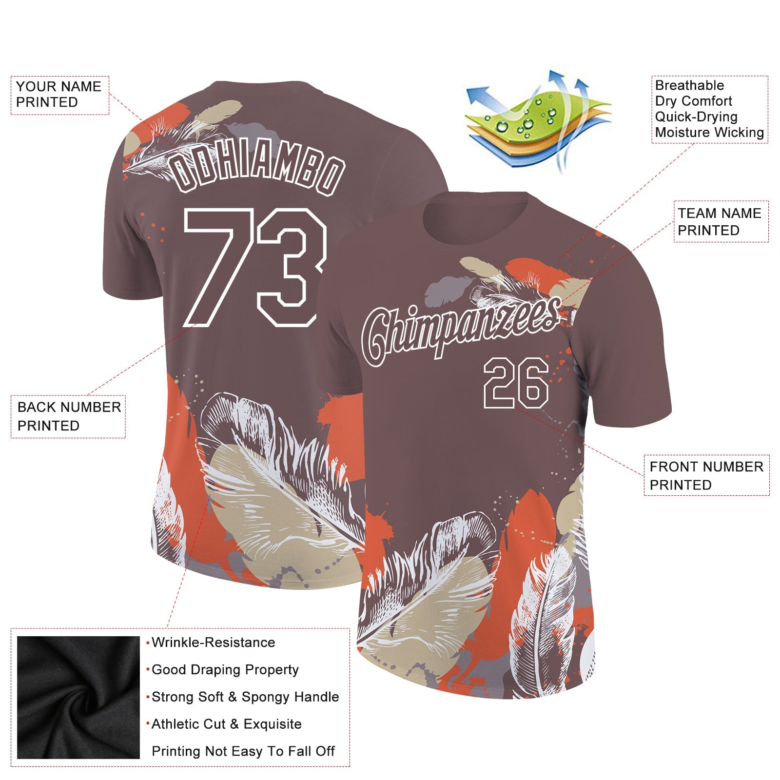 Custom Brown White 3D Pattern Design Feather Performance T-Shirt view 2