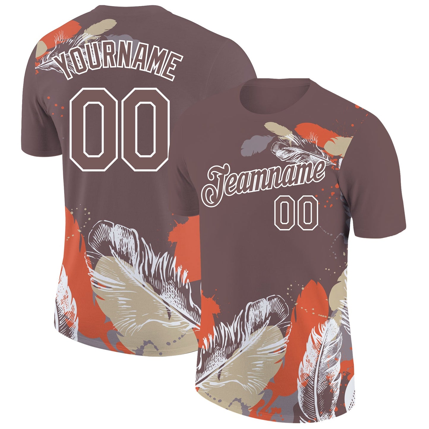 Custom Brown White 3D Pattern Design Feather Performance T-Shirt - Main View