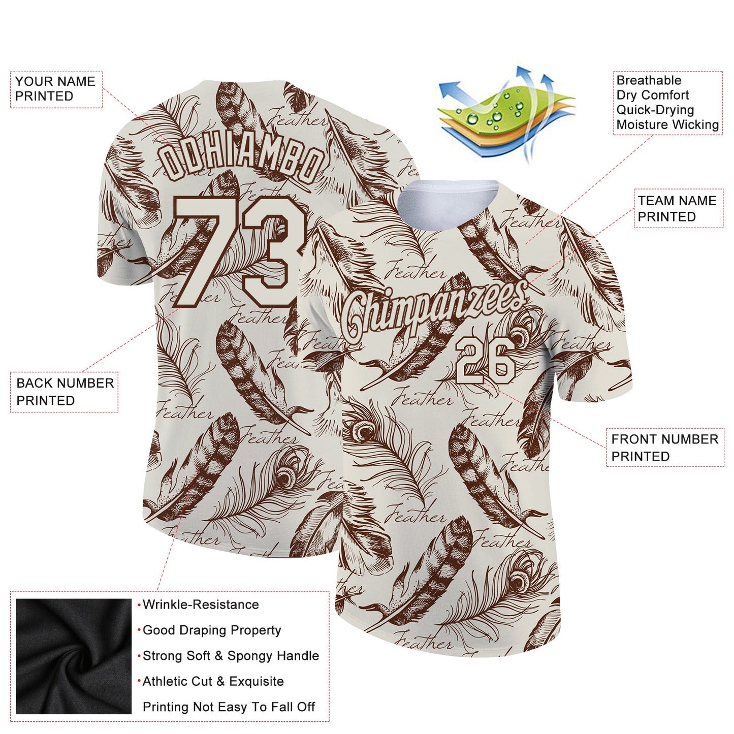 Custom Cream Brown 3D Pattern Design Feather Performance T-Shirt view 2
