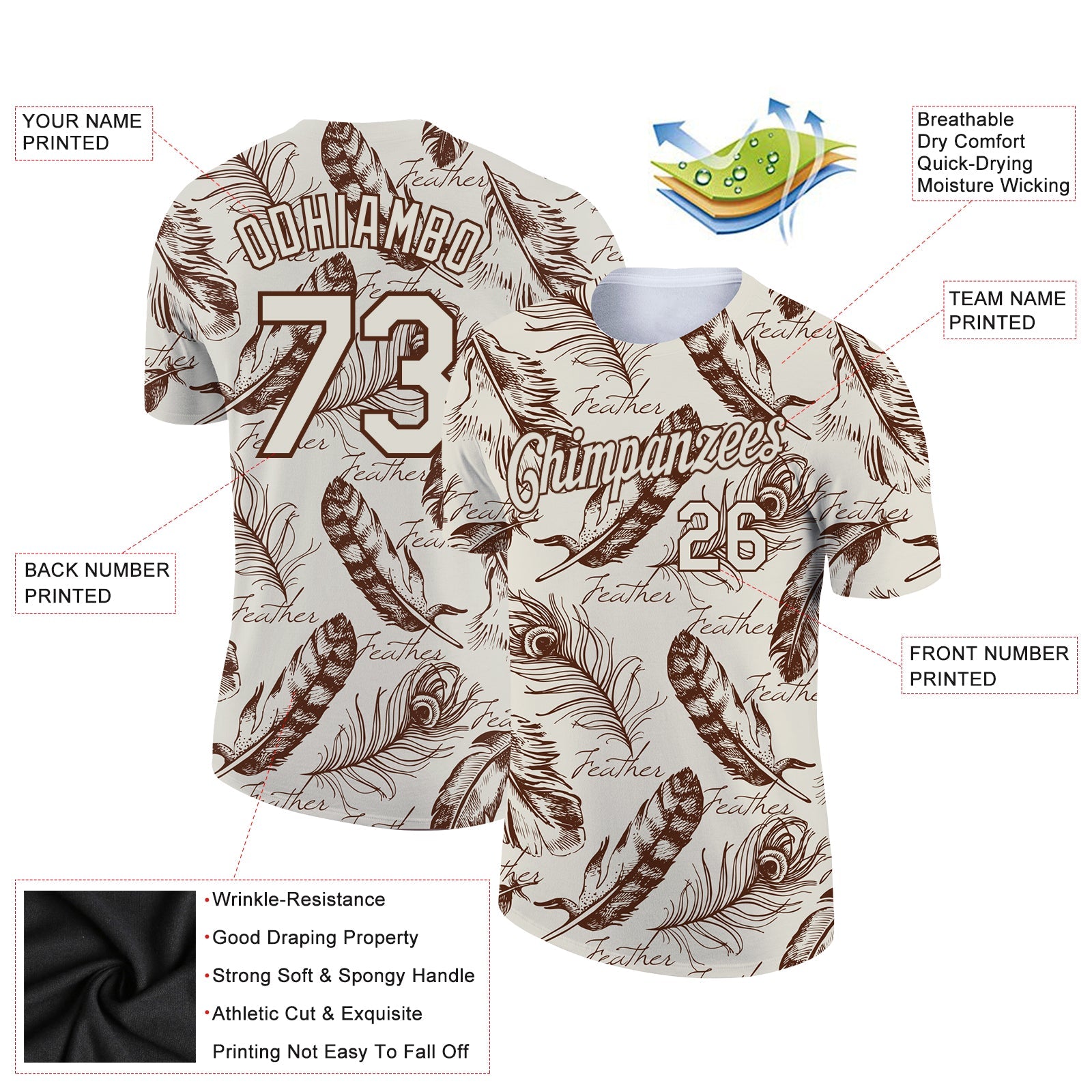 Custom Cream Brown 3D Pattern Design Feather Performance T-Shirt view 2