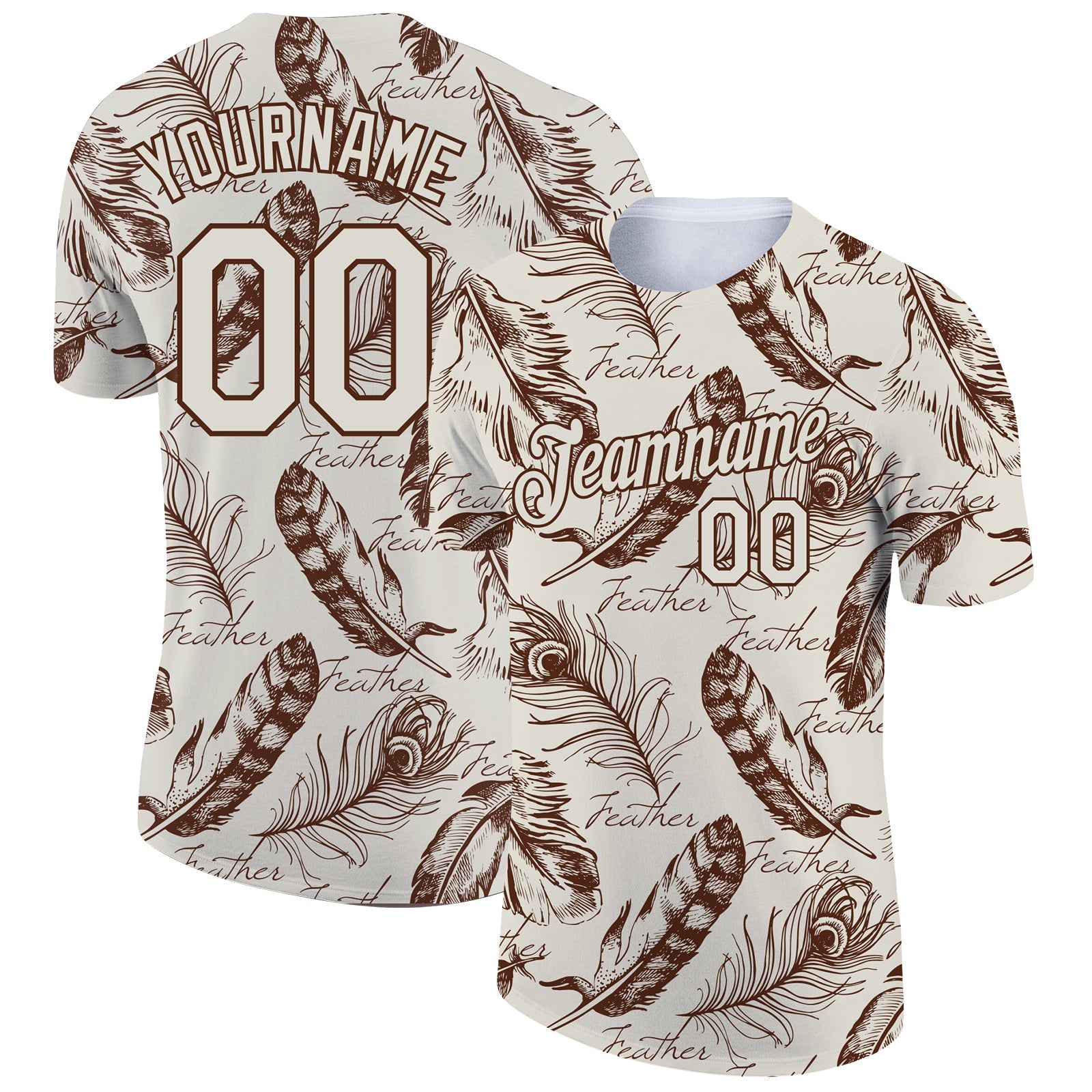 Custom Cream Brown 3D Pattern Design Feather Performance T-Shirt - Main View
