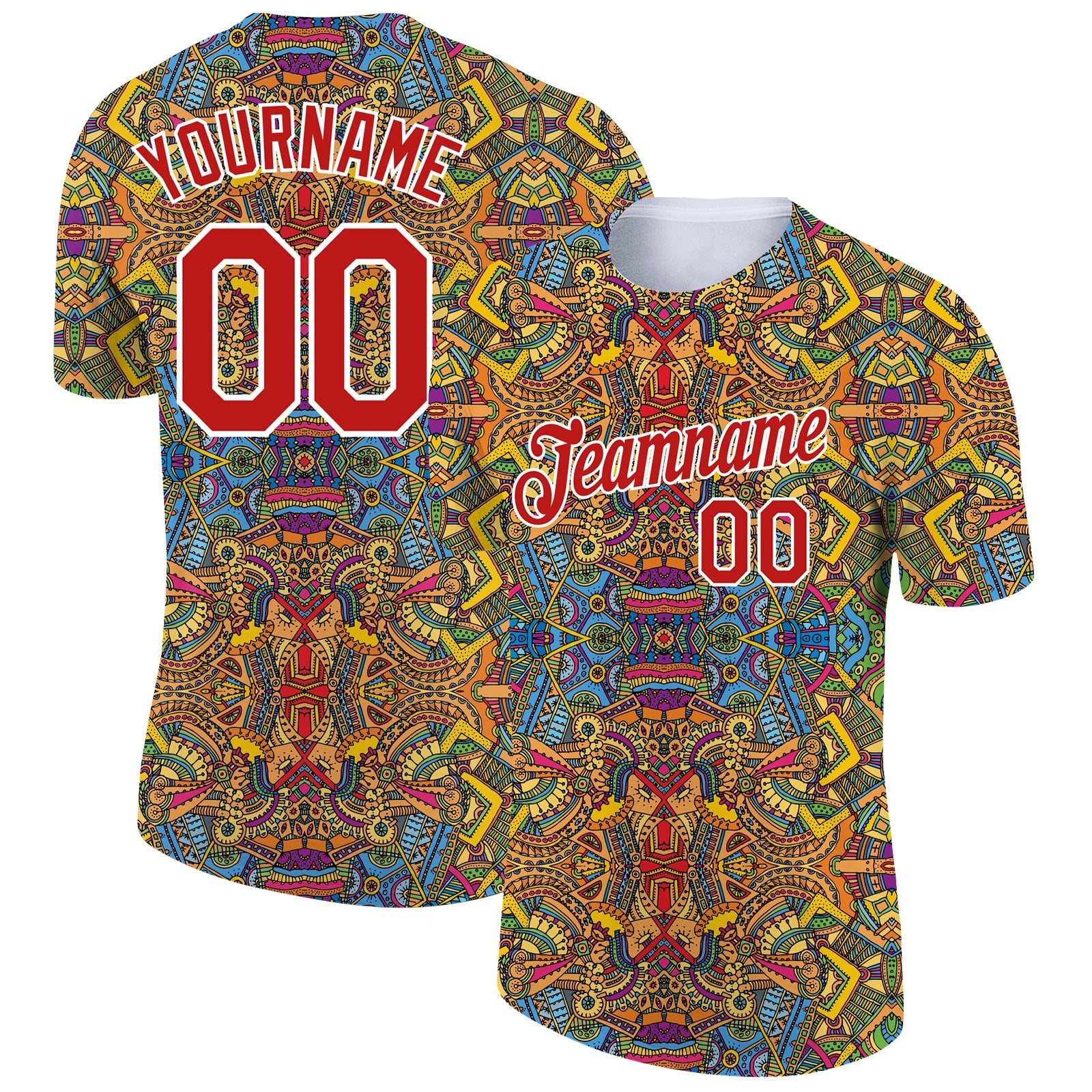 Custom White Red 3D Pattern Design Boho Style Performance T-Shirt - Main View