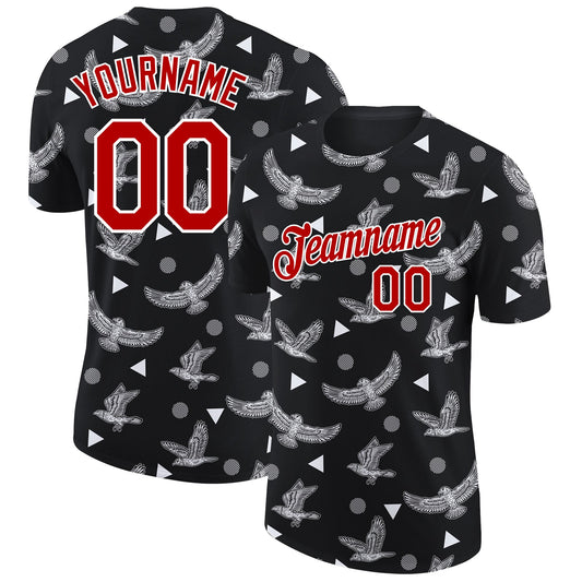 Custom Black Red-White 3D Pattern Design Eagle Performance T-Shirt - Main View