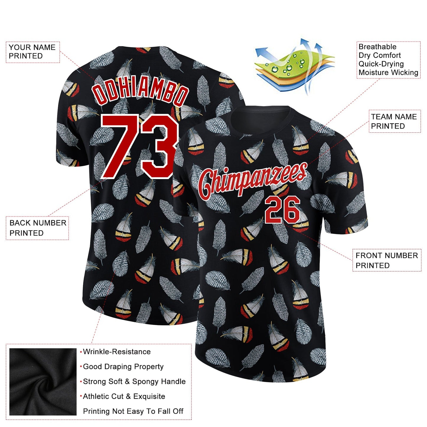 Custom Black Red-White 3D Pattern Design Feather Performance T-Shirt view 2