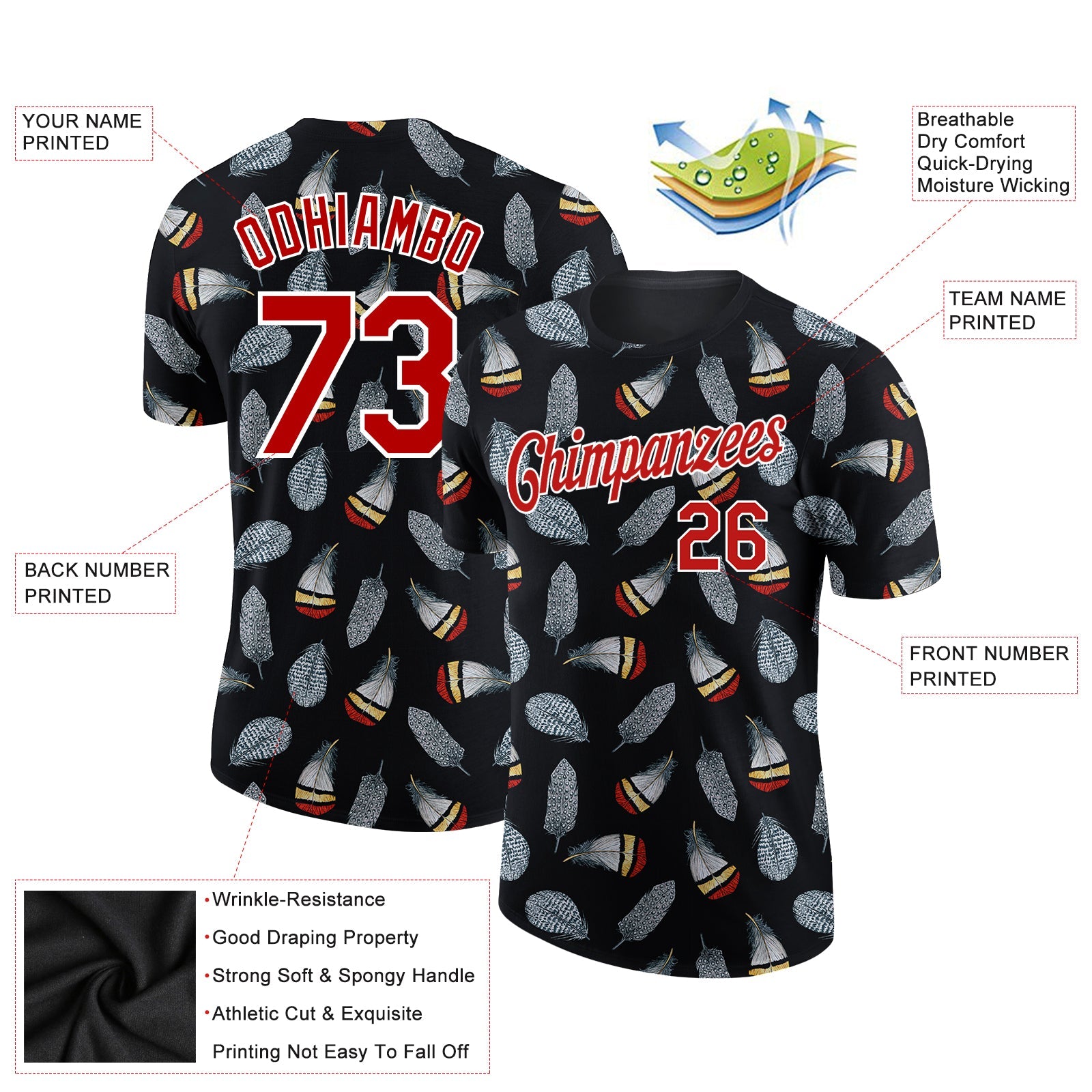 Custom Black Red-White 3D Pattern Design Feather Performance T-Shirt view 2