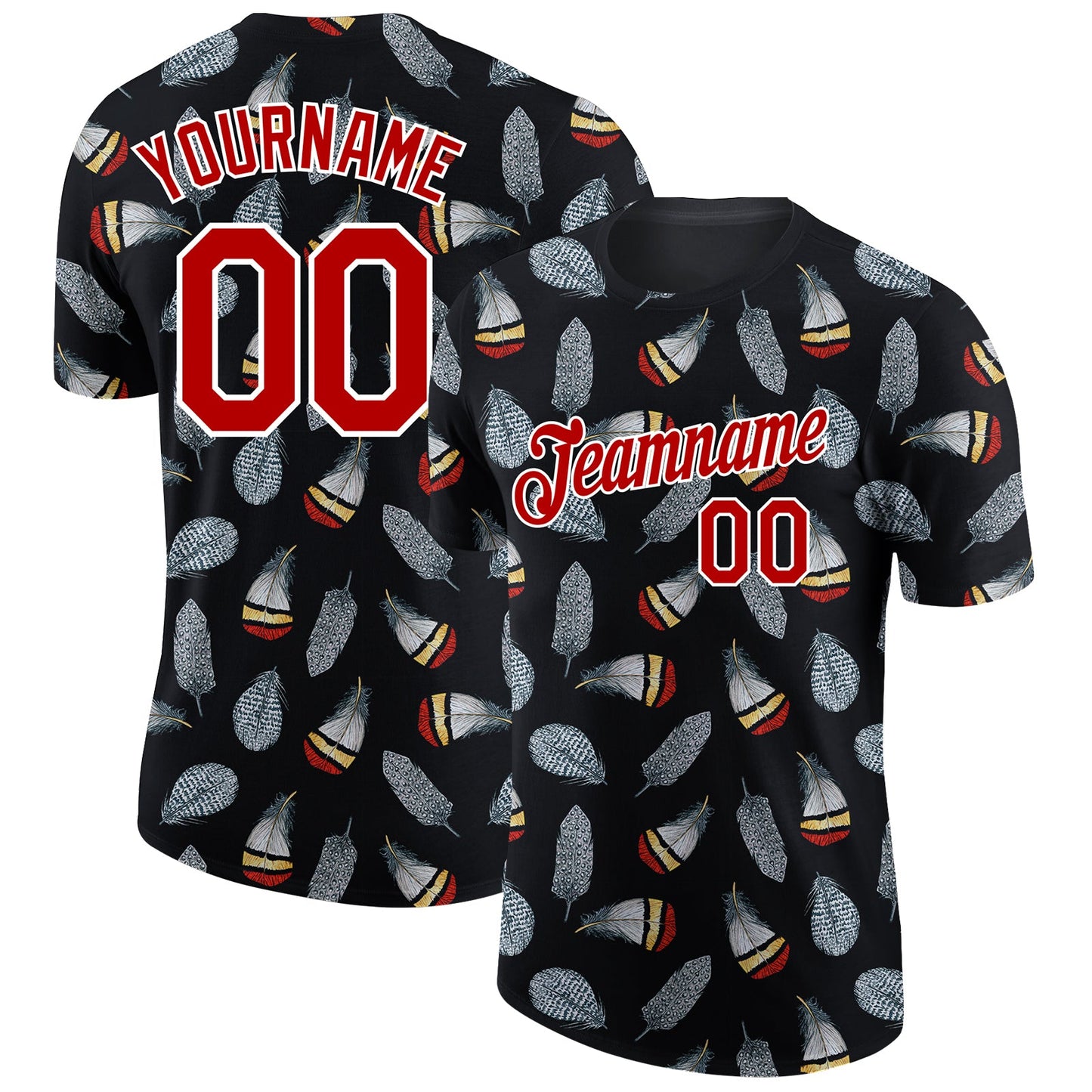 Custom Black Red-White 3D Pattern Design Feather Performance T-Shirt - Main View