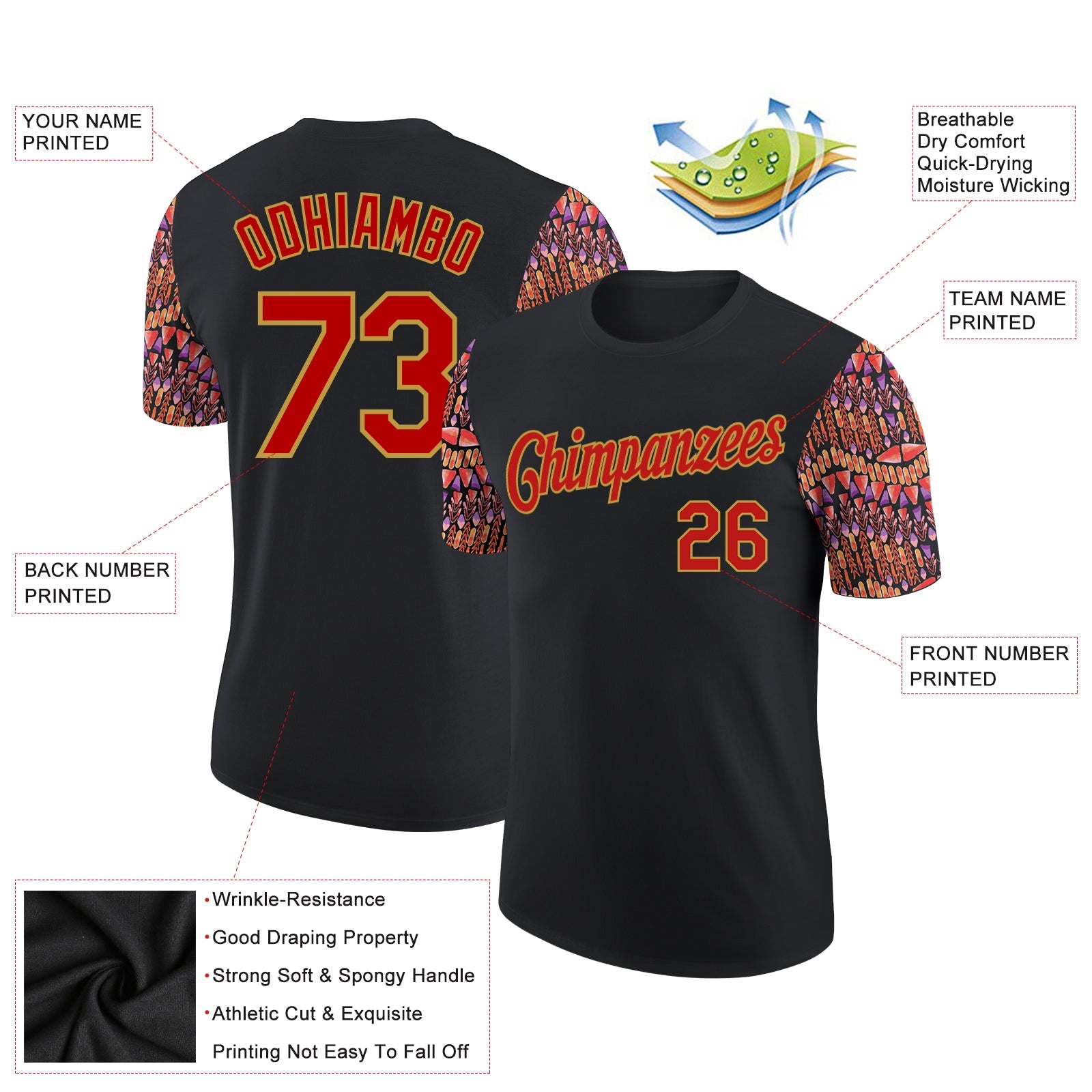 Custom Black Red-Old Gold 3D Pattern Design Boho Style Performance T-Shirt view 2