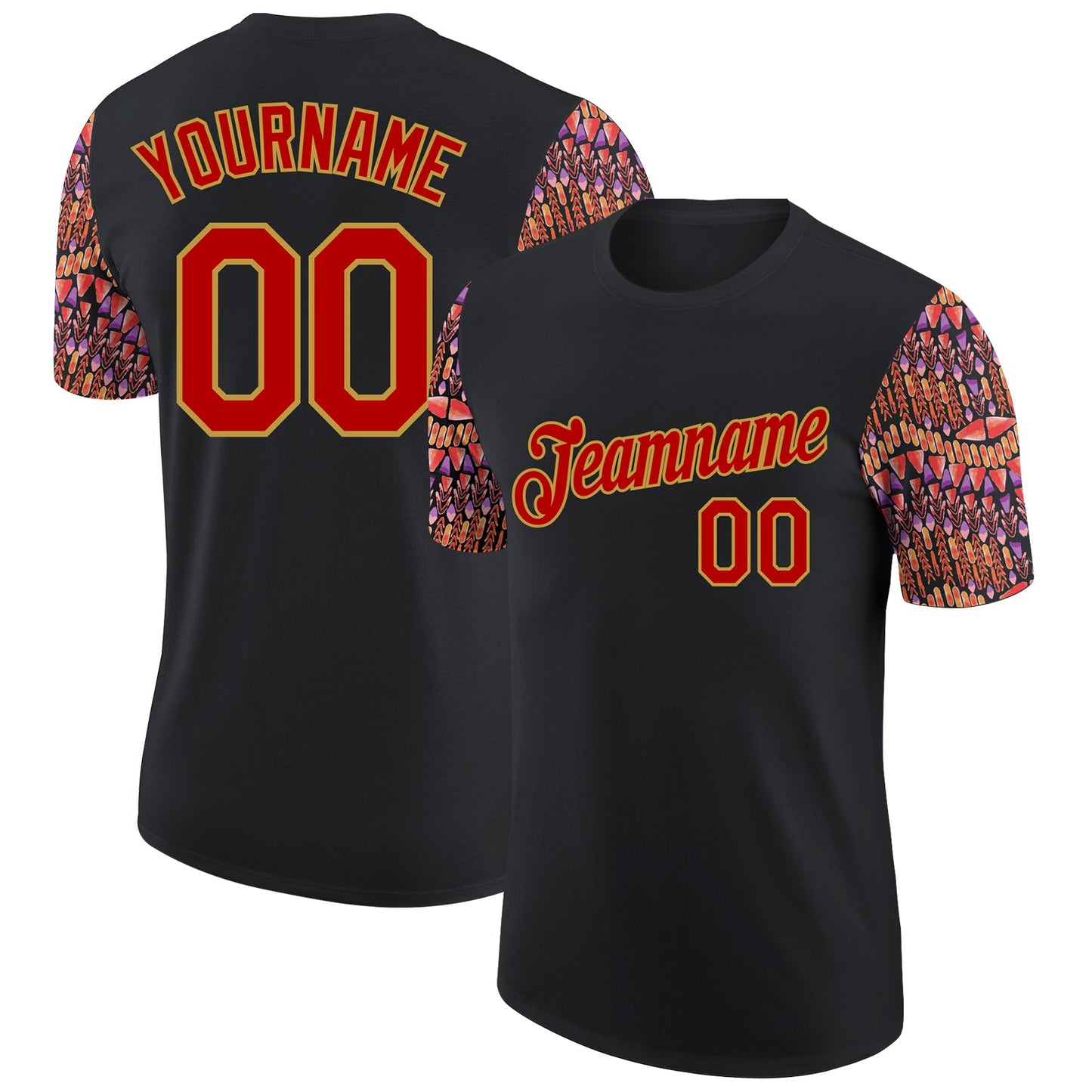 Custom Black Red-Old Gold 3D Pattern Design Boho Style Performance T-Shirt - Main View