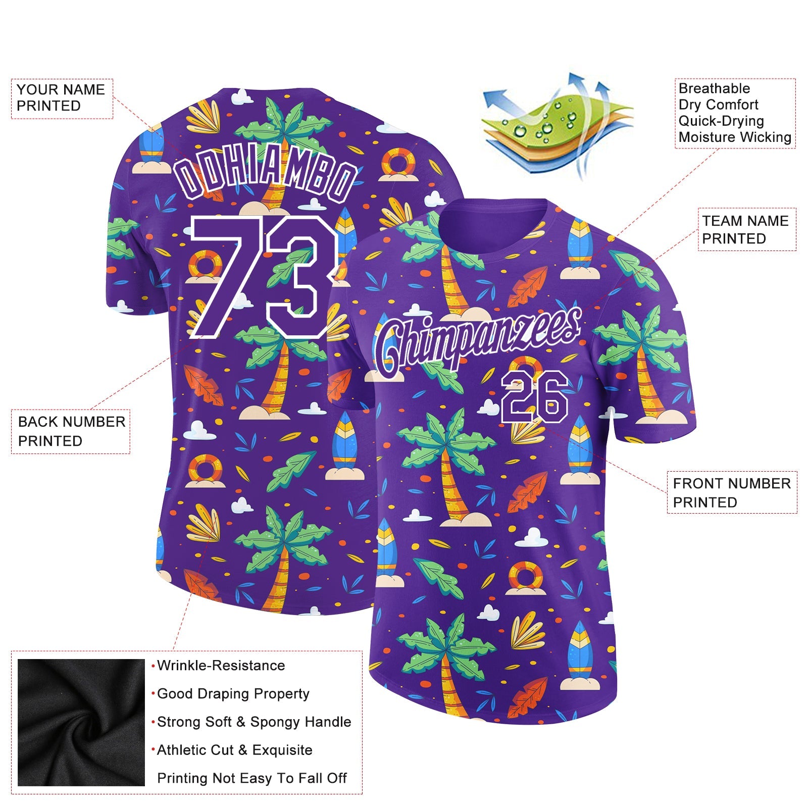 Custom Purple White 3D Pattern Design Hawaii Summer Holiday Performance T-Shirt view 2