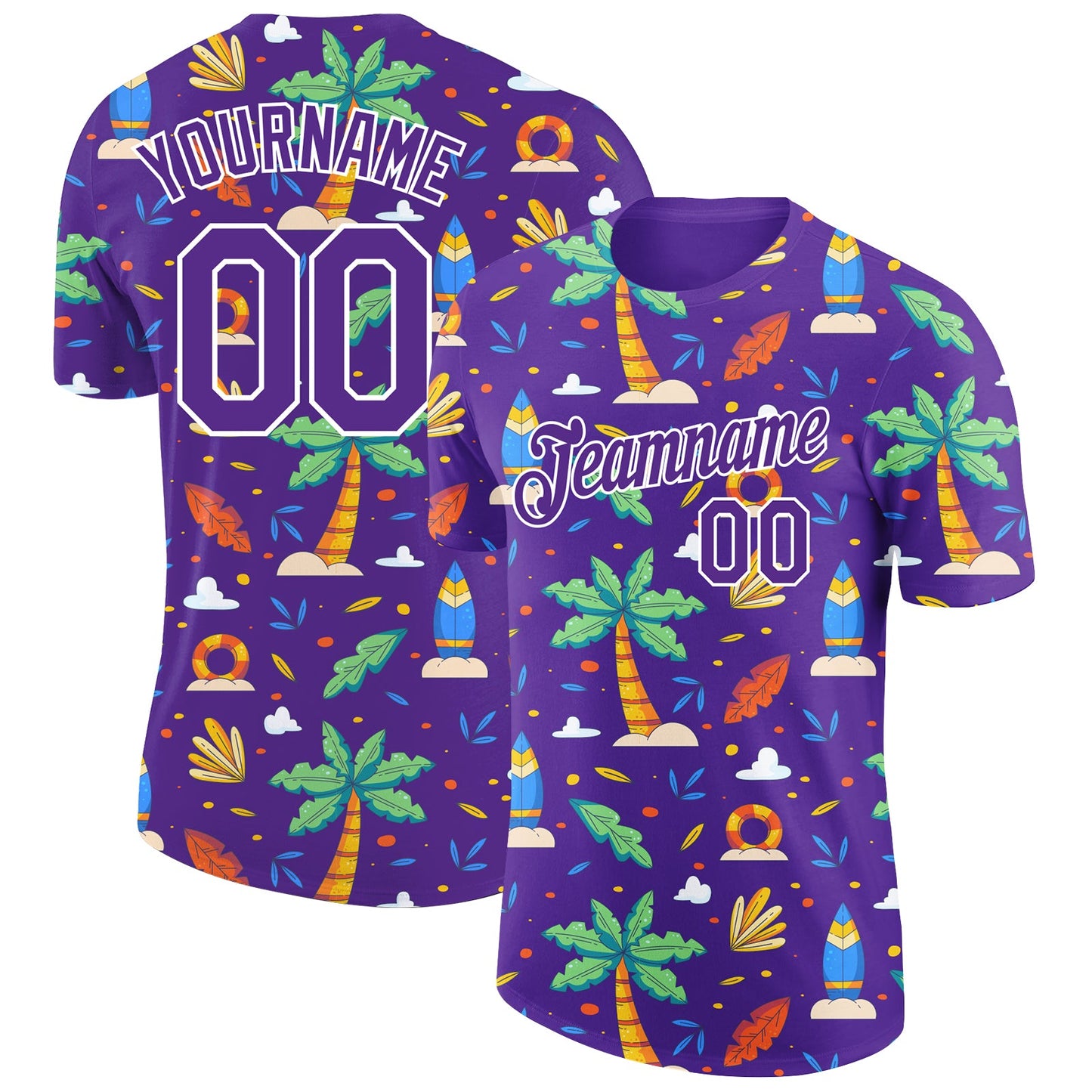 Custom Purple White 3D Pattern Design Hawaii Summer Holiday Performance T-Shirt - Main View