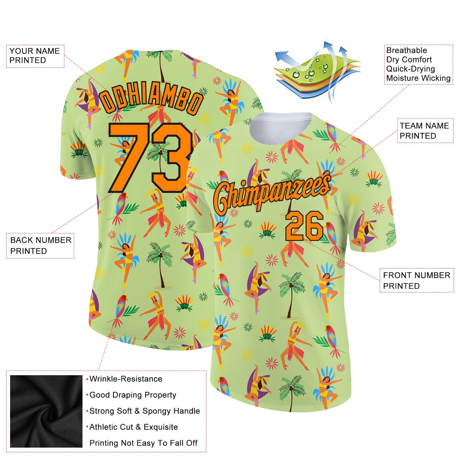 Custom Neon Green Bay Orange-Black 3D Pattern Design Hawaii Summer Holiday Performance T-Shirt view 2