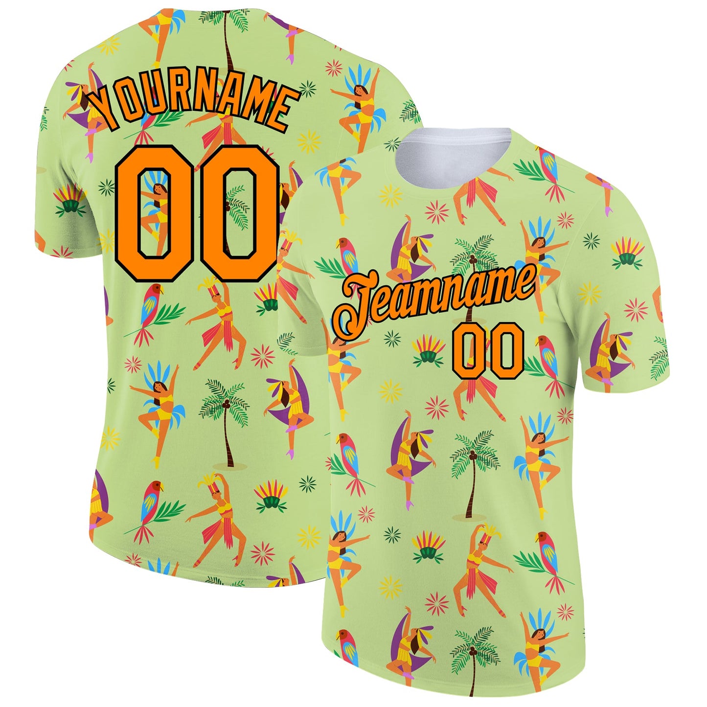 Custom Neon Green Bay Orange-Black 3D Pattern Design Hawaii Summer Holiday Performance T-Shirt - Main View