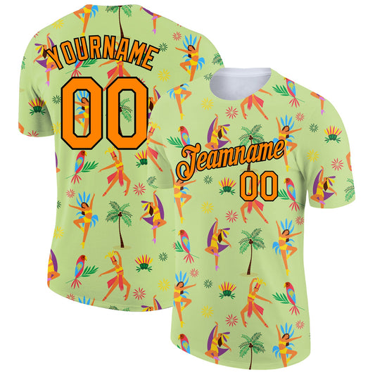Custom Neon Green Bay Orange-Black 3D Pattern Design Hawaii Summer Holiday Performance T-Shirt - Main View