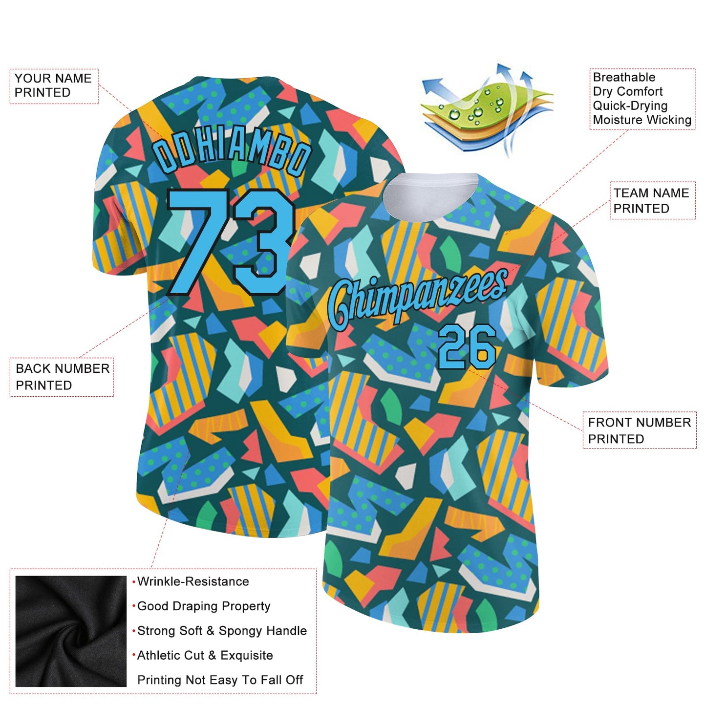 Custom Black Sky Blue 3D Pattern Design Cutout Collage Performance T-Shirt view 2