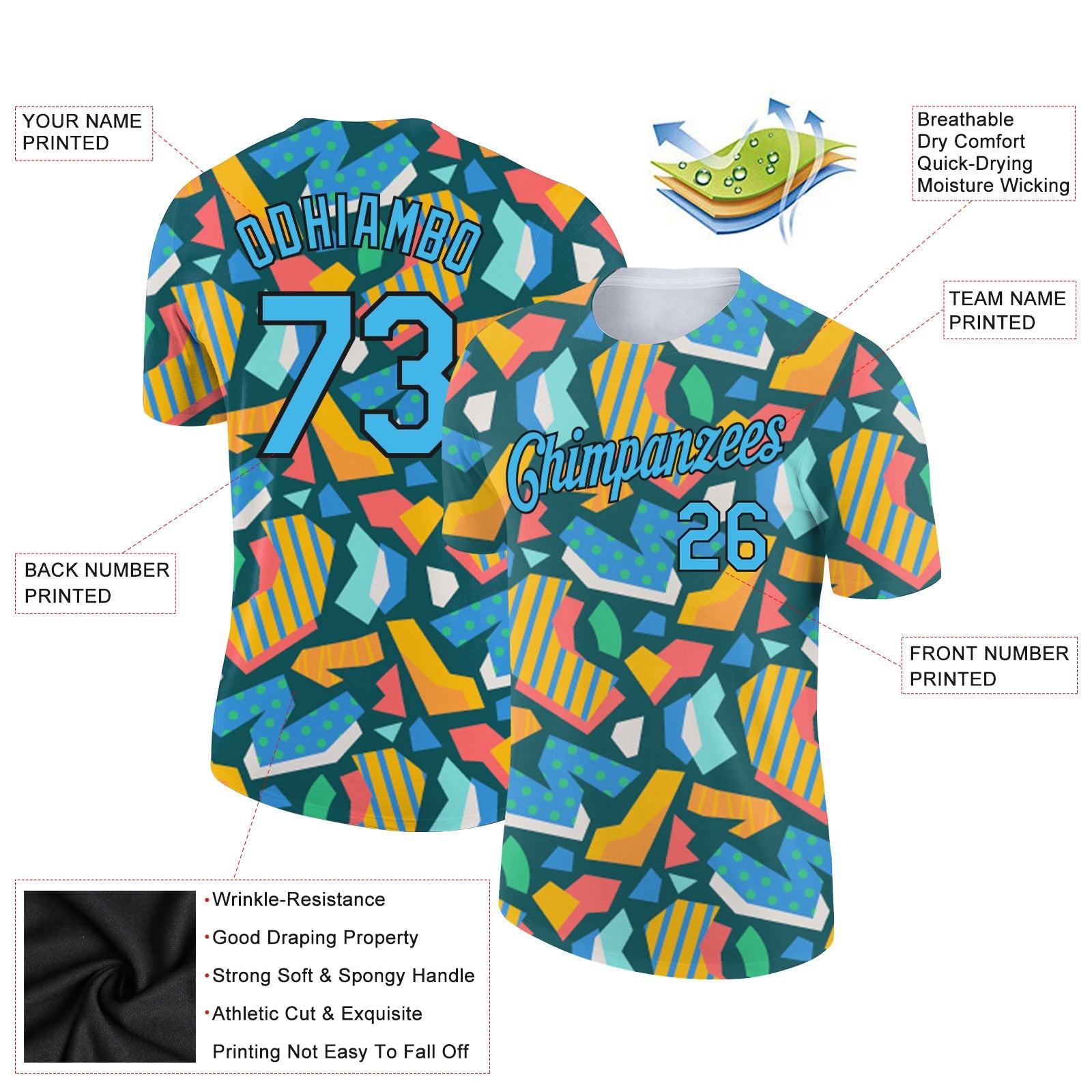 Custom Black Sky Blue 3D Pattern Design Cutout Collage Performance T-Shirt view 2