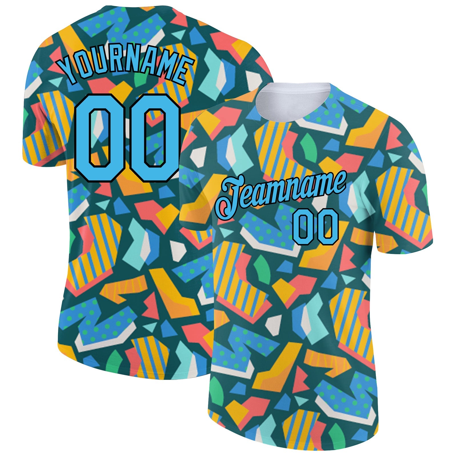 Custom Black Sky Blue 3D Pattern Design Cutout Collage Performance T-Shirt - Main View