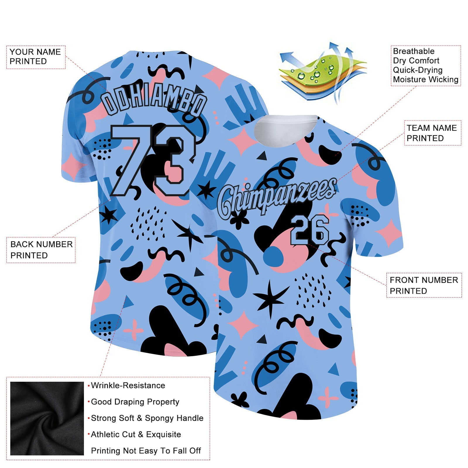 Custom Light Blue Black 3D Pattern Design Abstract Doodle Performance T-Shirt view 2