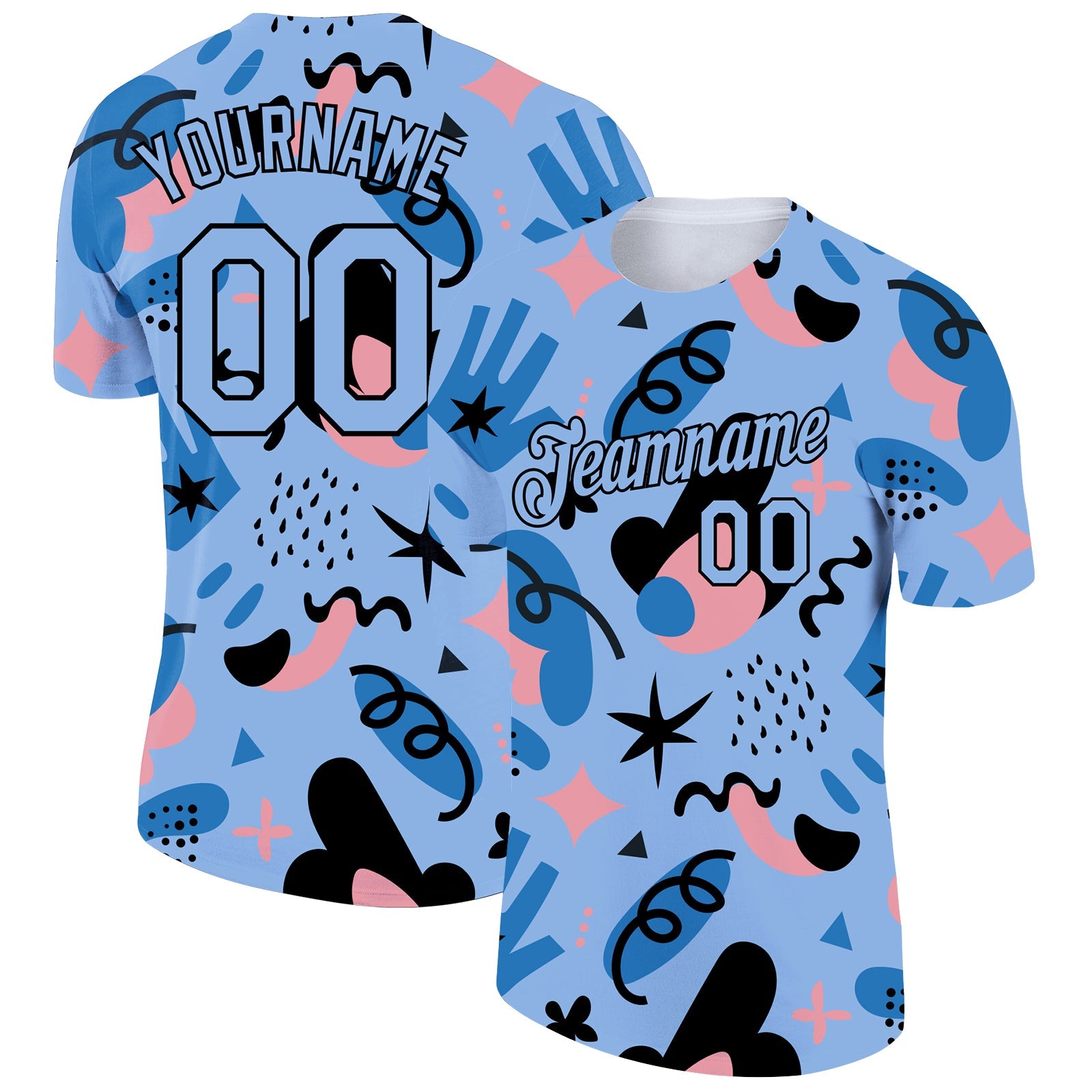 Custom Light Blue Black 3D Pattern Design Abstract Doodle Performance T-Shirt - Main View