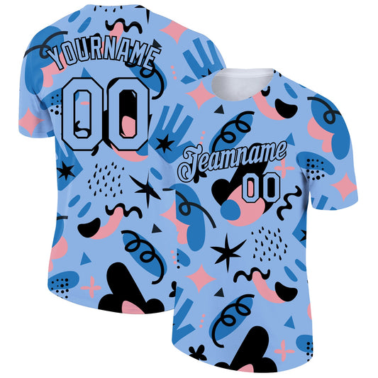 Custom Light Blue Black 3D Pattern Design Abstract Doodle Performance T-Shirt - Main View