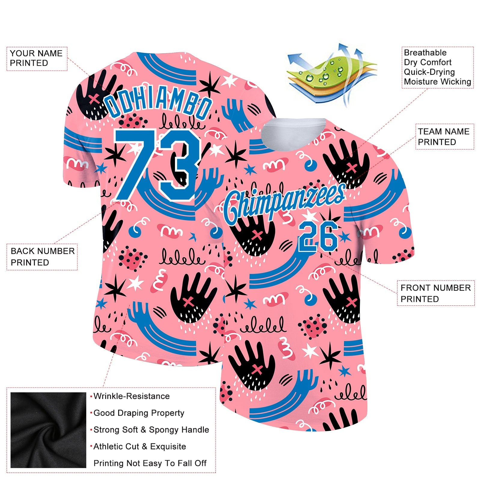 Custom Medium Pink Powder Blue-White 3D Pattern Design Abstract Doodle Performance T-Shirt view 2