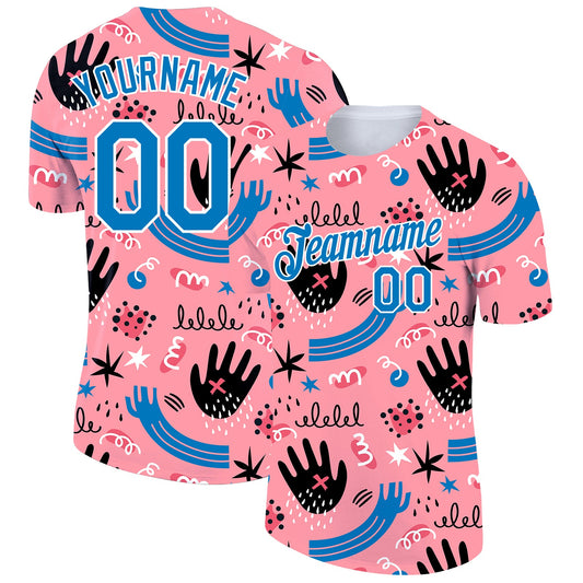 Custom Medium Pink Powder Blue-White 3D Pattern Design Abstract Doodle Performance T-Shirt - Main View