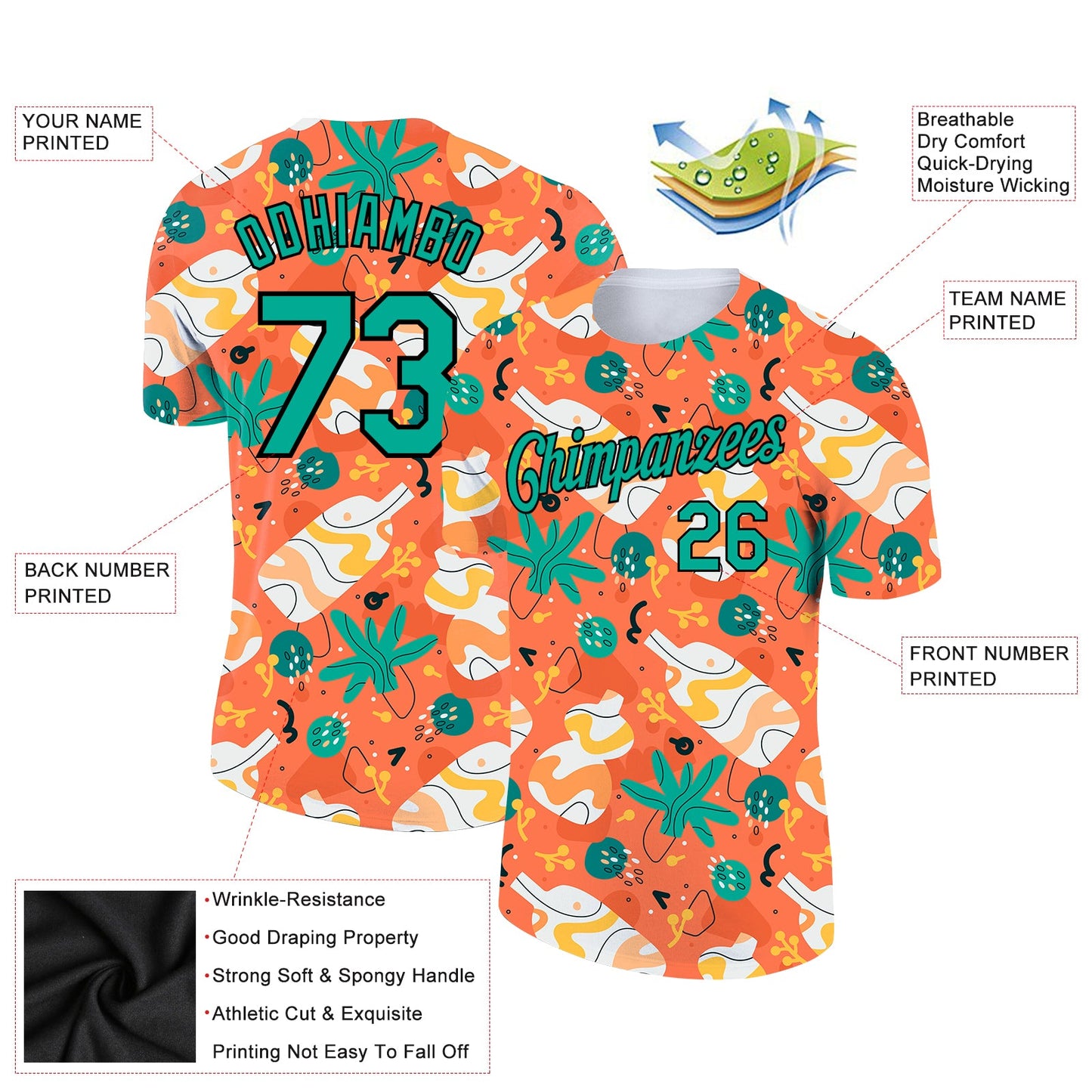 Custom Orange Aqua-Black 3D Pattern Design Abstract Doodle Performance T-Shirt view 2