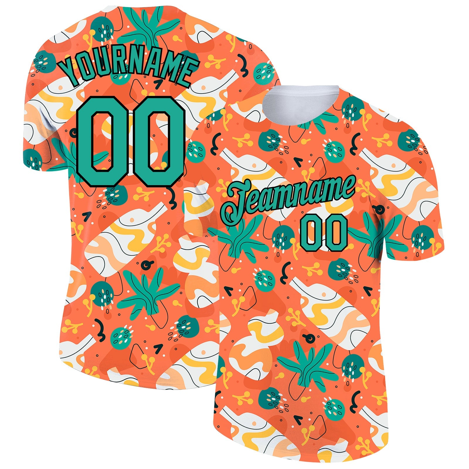 Custom Orange Aqua-Black 3D Pattern Design Abstract Doodle Performance T-Shirt - Main View