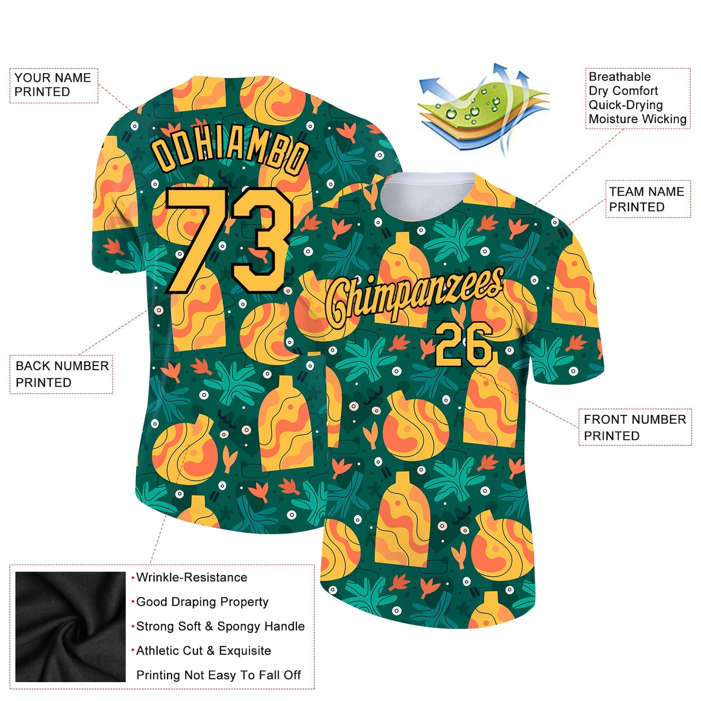 Custom Kelly Green Gold-Black 3D Pattern Design Abstract Doodle Performance T-Shirt view 2