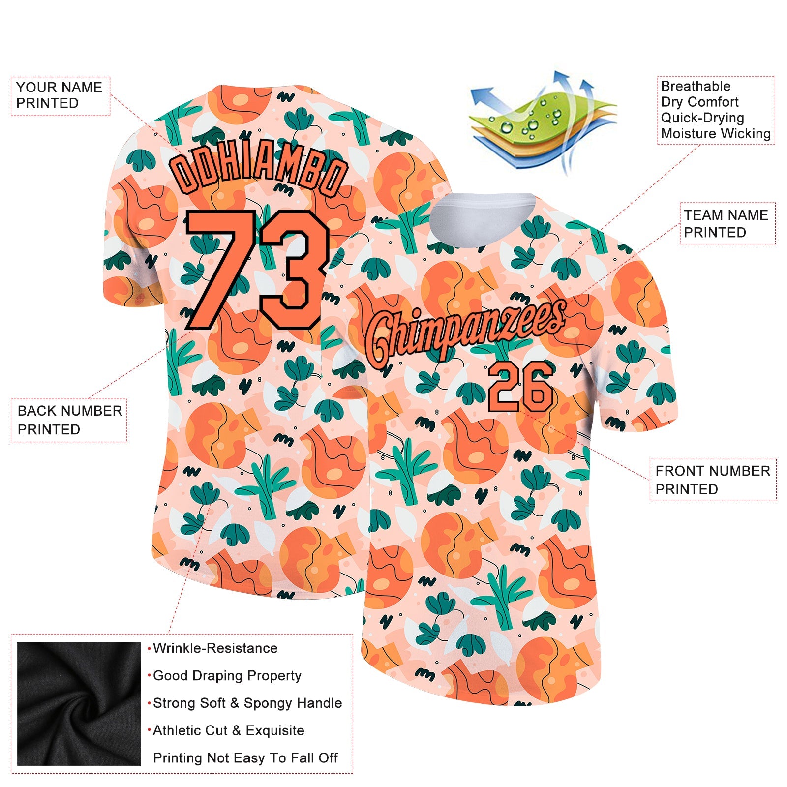 Custom Light Pink Bay Orange-Black 3D Pattern Design Abstract Doodle Performance T-Shirt view 2