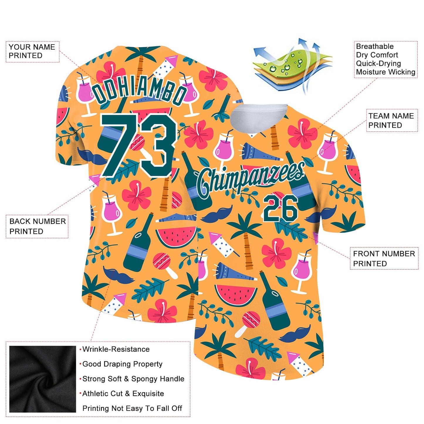 Custom Yellow Midnight Green-White 3D Pattern Design Hawaii Summer Holiday Performance T-Shirt view 2