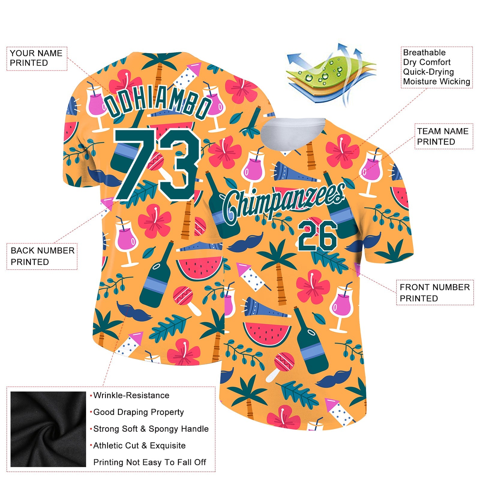 Custom Yellow Midnight Green-White 3D Pattern Design Hawaii Summer Holiday Performance T-Shirt view 2