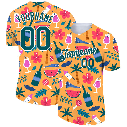 Custom Yellow Midnight Green-White 3D Pattern Design Hawaii Summer Holiday Performance T-Shirt - Main View
