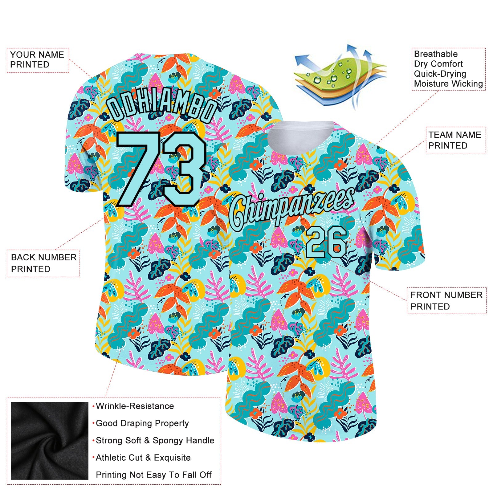 Custom Lakes Blue Black 3D Pattern Design Abstract Leaf Performance T-Shirt view 2