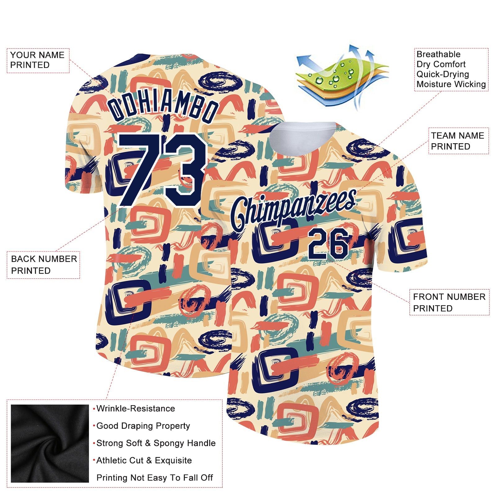 Custom City Cream Navy-White 3D Pattern Design Abstract Doodle Performance T-Shirt view 2